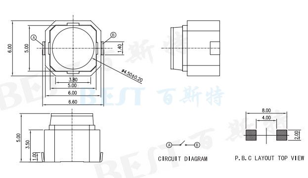 6x6 貼片輕觸開(kāi)關(guān)TS-0603參考圖紙