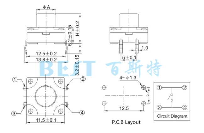 輕觸開關(guān)TS-1103K_參考圖紙